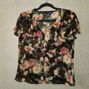 CHAPS Floral Print Ruffle Blouse Womens Short Cap Sleeve Sheer Top Size Medium